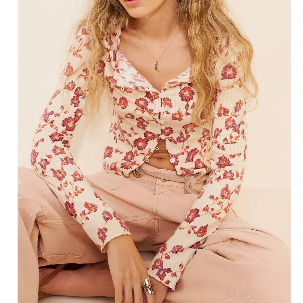 NEW Free People Tilly Tea Combo Ivory Floral Button Front Cotton Long Sleeve Top